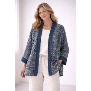 J Jill Pure Jill Indigo Jacket Women Medium Blue Open Front Kimono Style Boho